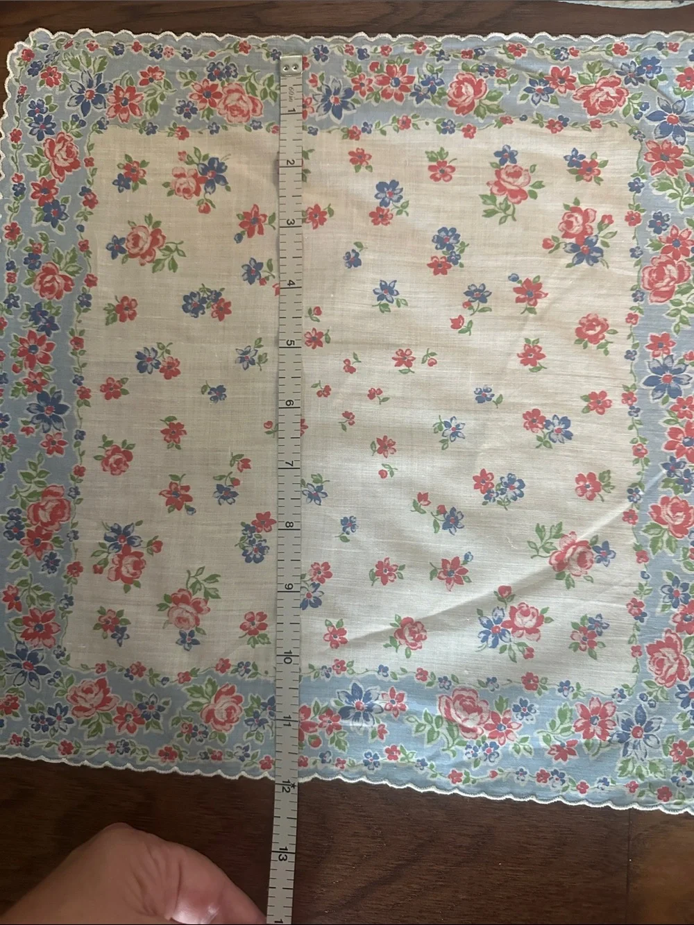 Vintage Floral Cotton Handkerchief with Blue Border